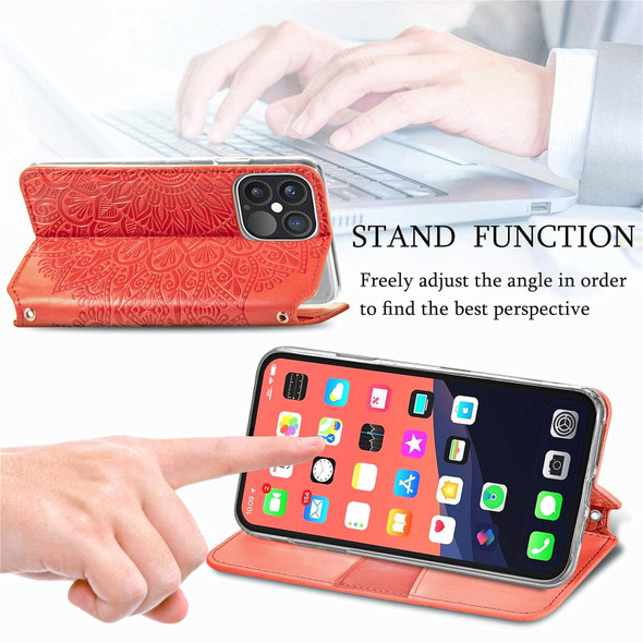 iPhone 13 Pro Max Blooming Mandala Embossed Pattern Magnetic Horizontal Flip Leather Case with Holder & Card Slots & Wallet(Red)