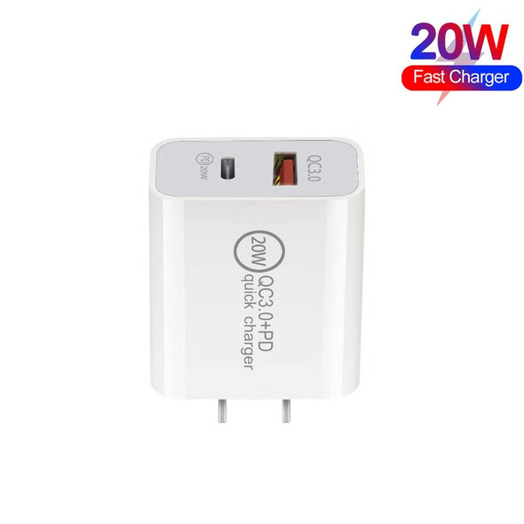 20W PD Type-C + QC 3.0 USB Interface Fast Charging Travel Charger with USB-C / Type-C to Type-C Fast Charge Data Cable US Plug