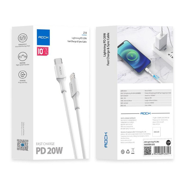 ROCK Z18 20W 3A PD USB-C / Type-C to 8 Pin Interface TPE Fast Charging Data Cable, Cable Length: 2m