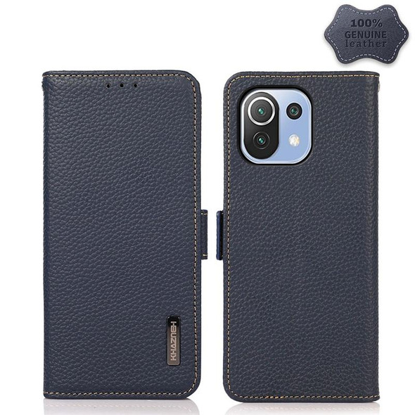 Xiaomi Mi 11 Lite 5G / Mi 11 Lite KHAZNEH Side-Magnetic Litchi Genuine Leather RFID Phone Case(Blue)