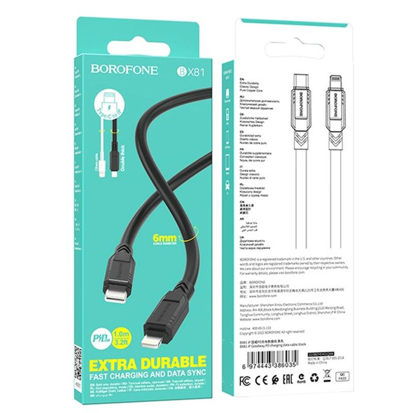 Borofone BX81 2.4A USB-C / Type-C to 8 Pin Goodway PD Charging Data Cable, Length:1m(Black)