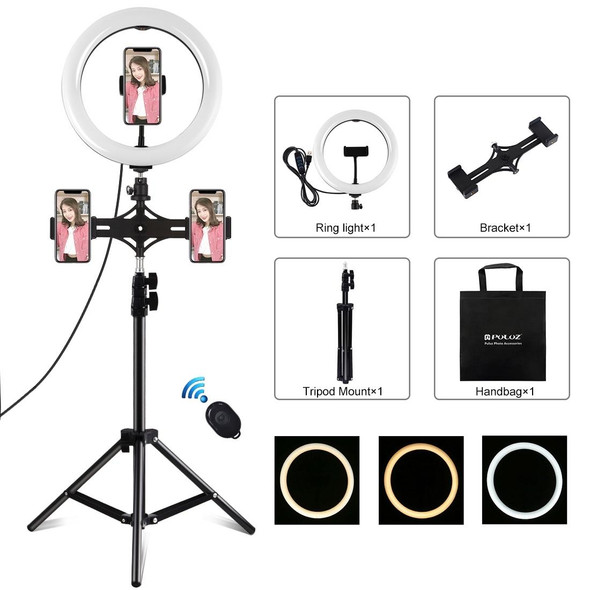 PULUZ 10.2 inch 26cm Light + 1.1m Tripod Mount + Dual Phone Brackets USB 3 Modes Dimmable Dual Color Temperature LED Curved Diffuse Light Ring Vlogging Selfie Photography Video Lights with Phone Clam
