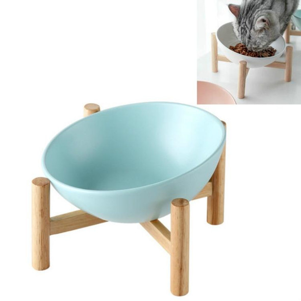 15cm/300ml Cat Dog Food Bowl Pet Ceramic Bowl, Style:Bowl With Wooden Stand(Blue)