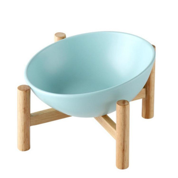 15cm/300ml Cat Dog Food Bowl Pet Ceramic Bowl, Style:Bowl With Wooden Stand(Blue)