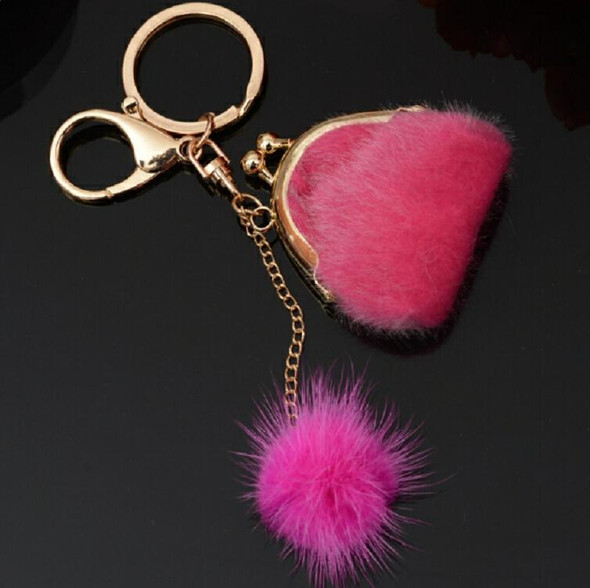 3 PCS Mini Unique Keychain Coin Purse Women Pompon Rabbit Fur Ball Plush Key Ring Holder Girls Bags Charm Women Purse Wallet( Rose Red)