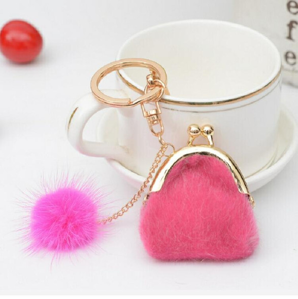 3 PCS Mini Unique Keychain Coin Purse Women Pompon Rabbit Fur Ball Plush Key Ring Holder Girls Bags Charm Women Purse Wallet( Rose Red)