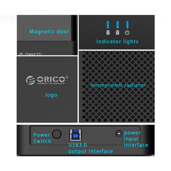 ORICO DS200U3 3.5 inch 2 Bay Magnetic-type USB 3.0 Hard Drive Enclosure with Blue LED Indicator(Black)