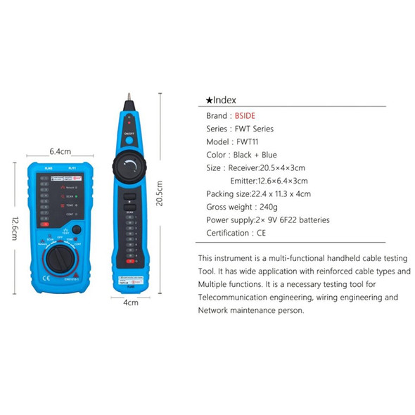 BSIDE FWT11 RJ11 / RJ45 Telephone Wire Tracker Ethernet LAN Network Cable Tester Detector Line Finder