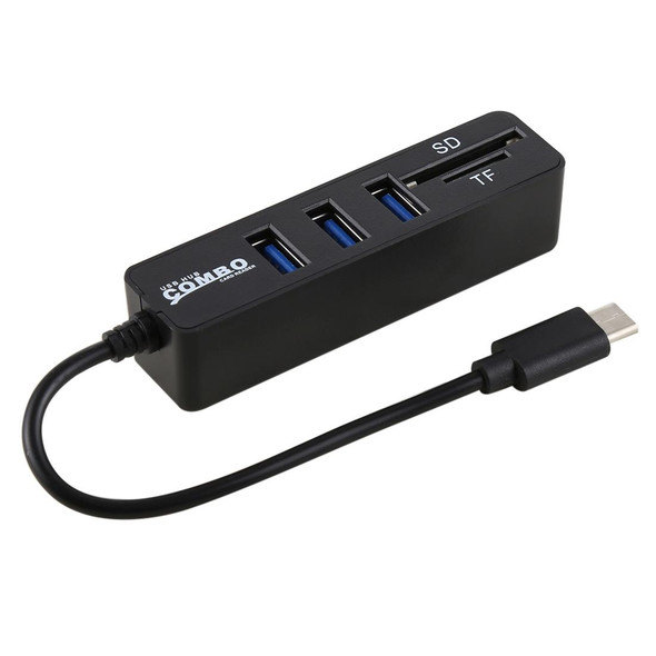 2 in 1 TF & SD Card Reader + 3 x USB Ports to USB-C / Type-C HUB Converter, Total Length: 24cm(Black)