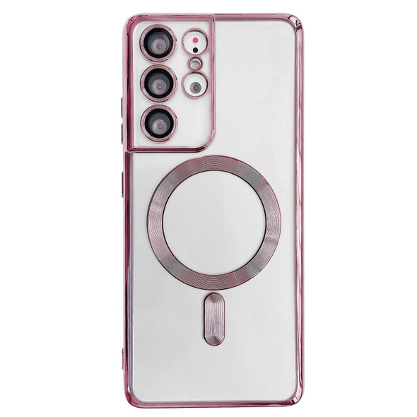 Samsung Galaxy S21 Ultra 5G Electroplated Frame MagSafe Magnetic Phone Case(Light Pink)