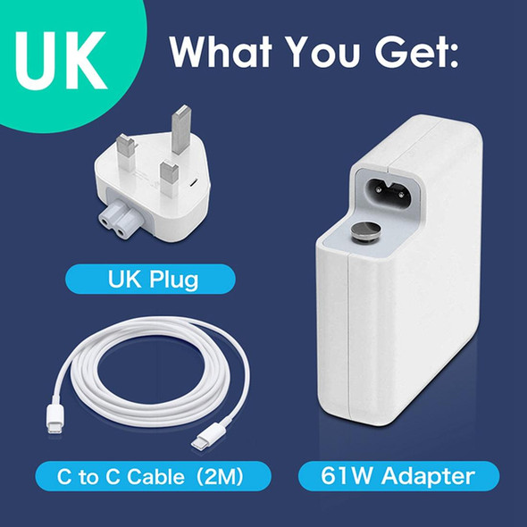 61W USB-C / Type-C Power Adapter with 2m USB Type-C Male to USB Type-C Male Charging Cable, - iPhone, Galaxy, Huawei, Xiaomi, LG, HTC and Other Smart Phones, Rechargeable Devices, UK Plug