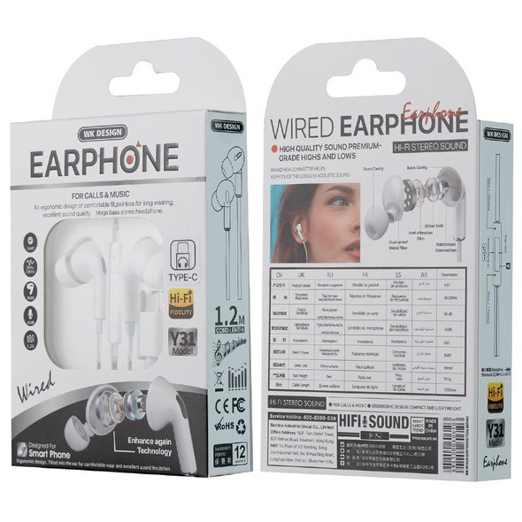 WK Y31 Type-C Interface In-Ear HIFI Stereo Wired Earphone