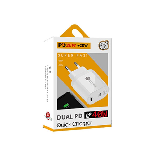 002 40W PD3.0 Dual Port USB-C / Type-C Charger with Type-C to Type-C Data Cable, EU Plug(White)