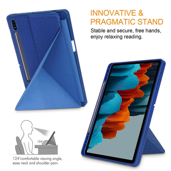 Samsung Galaxy Tab S7 FE T730 / T735 / Tab S7+ / T970 / T975 Cloth Texture Multi-folding Leather Tablet Case with Holder & Sleep / Wake-up (Blue)