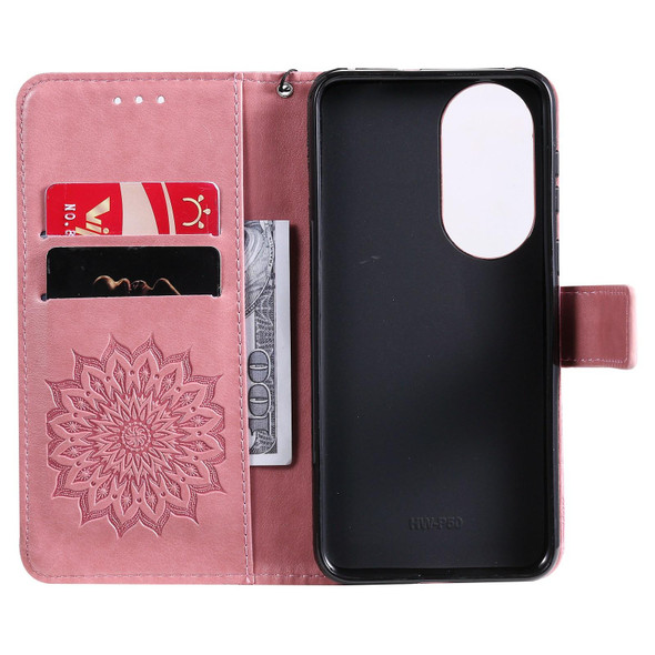 Huawei P50 Sun Embossing Pattern Horizontal Flip Leather Case with Card Slot & Holder & Wallet & Lanyard(Pink)