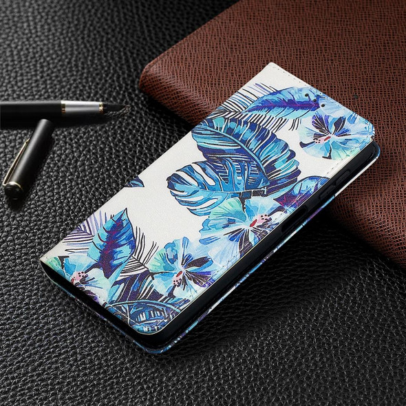 Samsung Galaxy A32 5G Colored Drawing Pattern Invisible Magnetic Horizontal Flip PU Leather Case with Holder & Card Slots & Wallet(Blue Leaf)