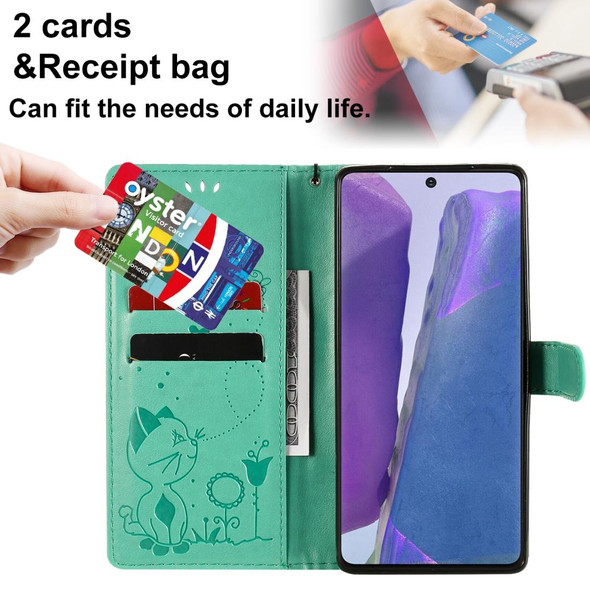 Samsung Galaxy Note 20 Cat Bee Embossing Pattern Shockproof Horizontal Flip Leather Case with Holder & Card Slots & Wallet(Green)