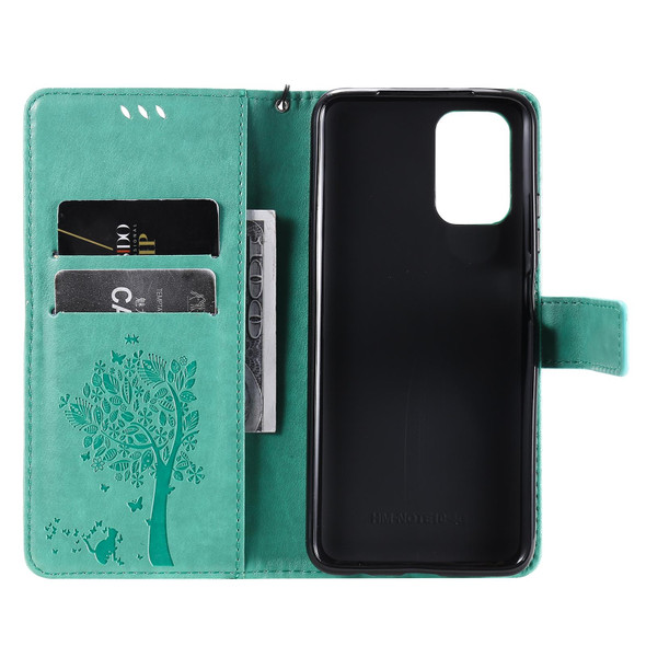 Xiaomi Redmi Note 10 4G Tree & Cat Pattern Pressed Printing Horizontal Flip PU Leather Case with Holder & Card Slots & Wallet & Lanyard(Green)