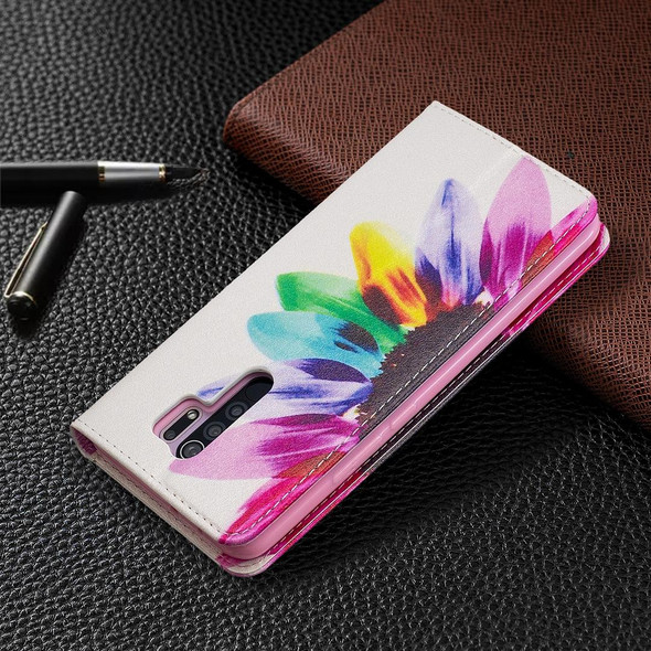 Xiaomi Redmi 9 Colored Drawing Pattern Invisible Magnetic Horizontal Flip PU Leather Case with Holder & Card Slots & Wallet(Sunflower)