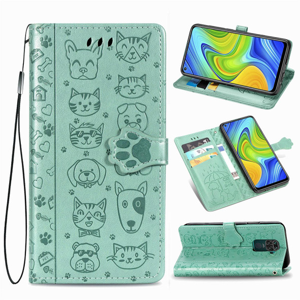Xiaomi Redmi 10X (4G) / Note 9 Cute Cat and Dog Embossed Horizontal Flip Leather Case with Bracket / Card Slot / Wallet / Lanyard(Green)