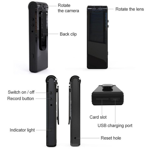 B19 Back Clip Design 1080P HD Camera Video Recorder, Support Motion Detection / Infrared Night Vision /180 Degrees Rotation Camera / TF Card / OTG