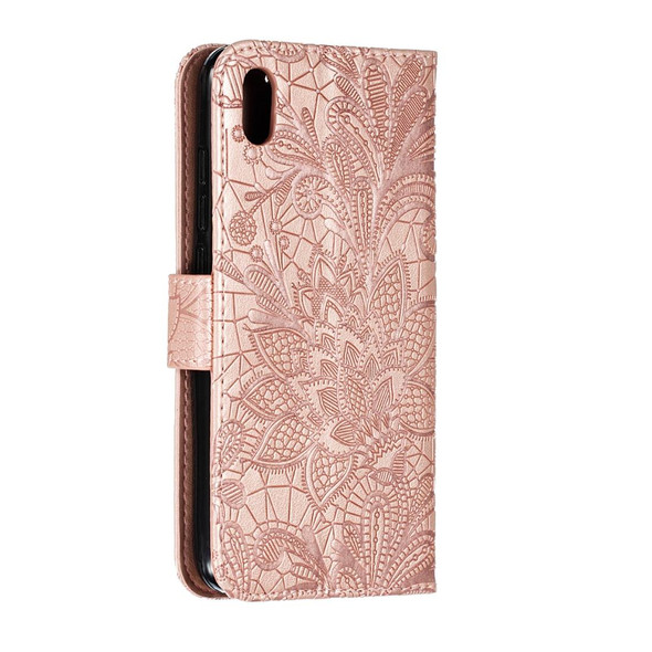 Lace Flower Embossing Pattern Horizontal Flip Leather Case for Xiaomi Redmi 7A , with Holder & Card Slots & Wallet & Photo Frame & Lanyard(Rose Gold)