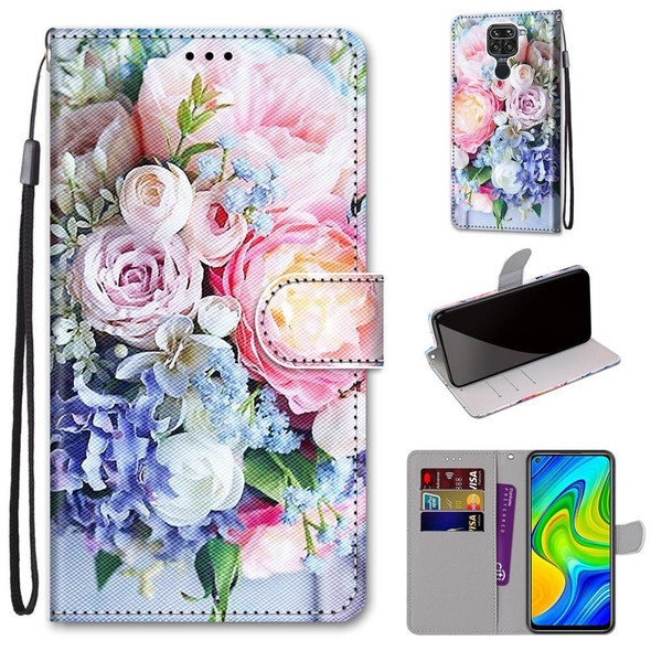 Xiaomi Redmi Note 9 / 10X 4G Coloured Drawing Cross Texture Horizontal Flip PU Leather Case with Holder & Card Slots & Wallet & Lanyard(Light Pink Bouquet)