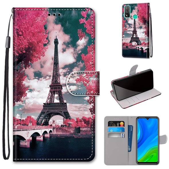 Huawei P Smart (2020) Coloured Drawing Cross Texture Horizontal Flip PU Leather Case with Holder & Card Slots & Wallet & Lanyard(Pink Flower Tower Bridge)