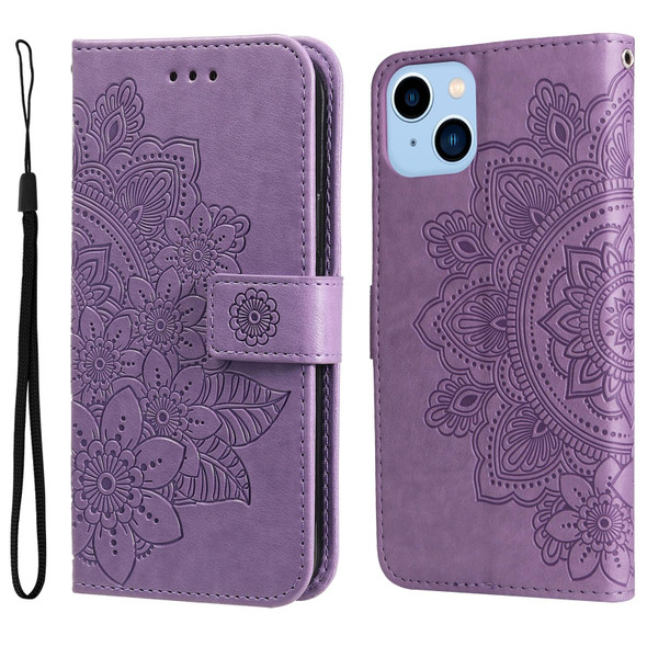 7-petal Flowers Embossing Leatherette Case - iPhone 14 Max(Light Purple)