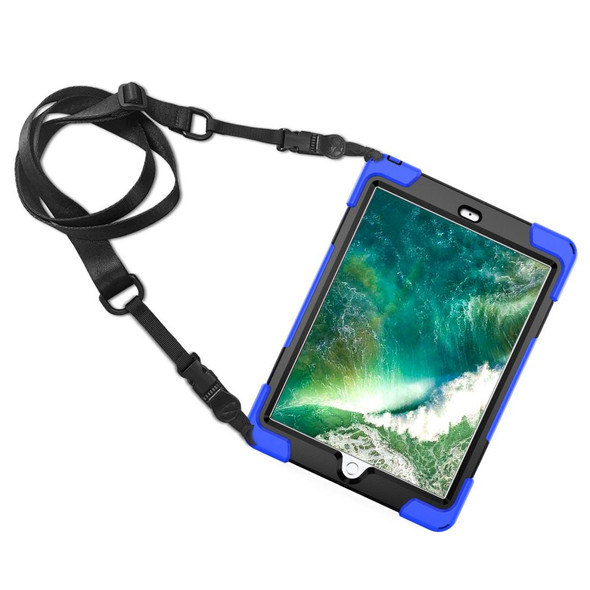 iPad 9.7 (2018) & (2017) 360 Degree Rotation Silicone Protective Cover with Holder & Hand Strap & Long Strap & Pencil Slot(Blue)