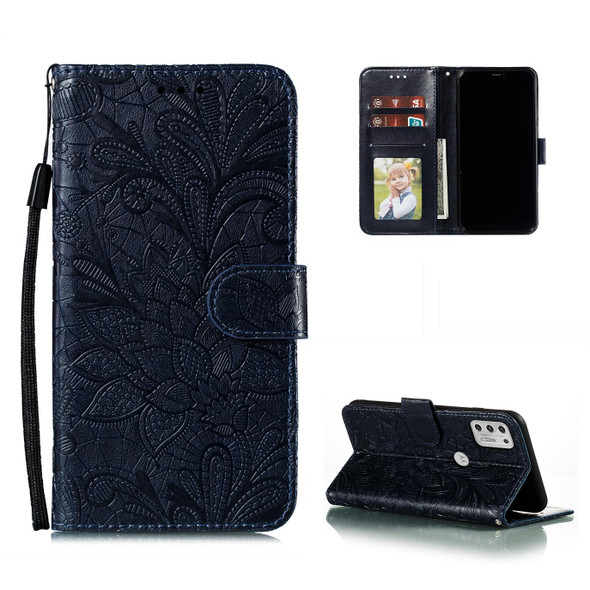 Motorola Moto G Stylus (2021) Lace Flower Embossing Pattern Horizontal Flip Leather Case with Holder & Card Slots & Wallet & Photo Frame(Dark Blue)