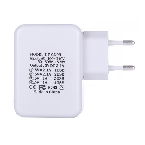 HT-CD03 15.5W 5V 3.1A 4-Port USB Wall Charger Travel Charger, EU Plug (White)