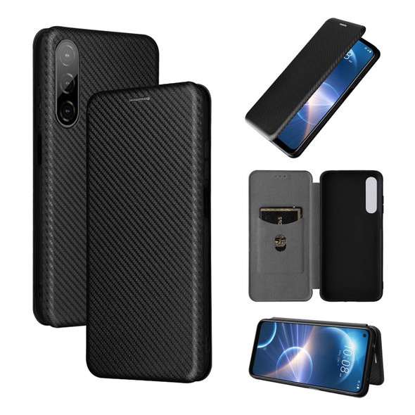HTC Desire 22 Pro Carbon Fiber Texture Magnetic Flip Leather Phone Case(Black)