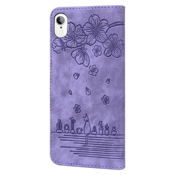 Cartoon Sakura Cat Embossed Leatherette Case - iPhone XR(Purple)