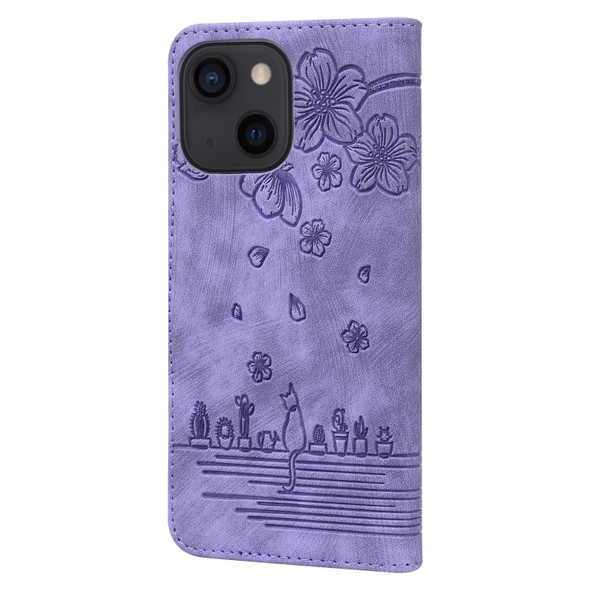 Cartoon Sakura Cat Embossed Leatherette Case - iPhone 13 mini(Purple)