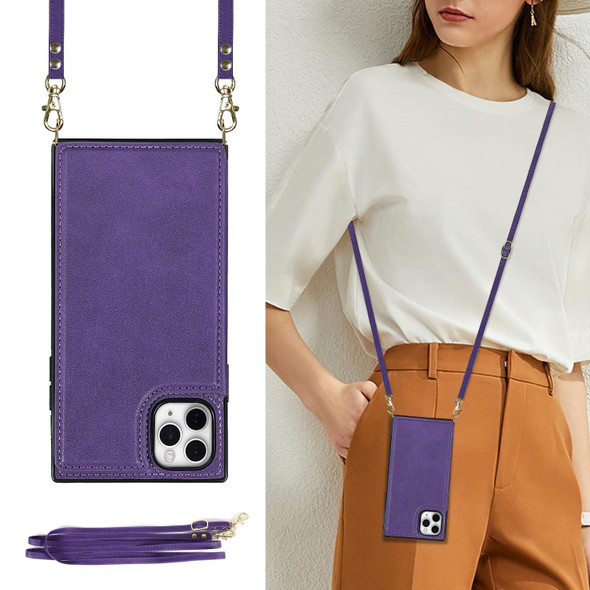 Cross-body Square Double Buckle Flip Card Bag TPU+PU Case with Card Slots & Wallet & Photo & Strap - iPhone 12 Pro Max(Purple)