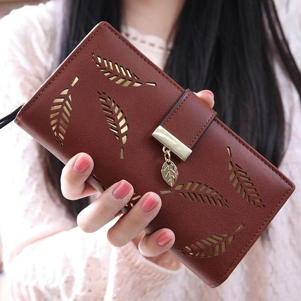 Long Gold Hollow Leaves Coin Purse Card Holders Wallet for Women(Brown)