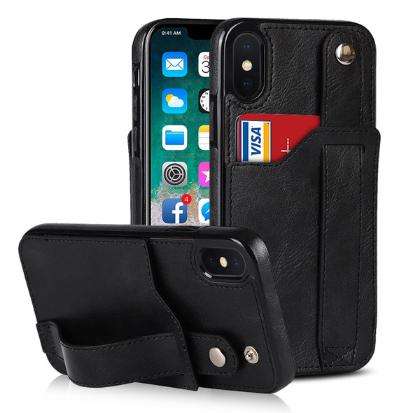 Crazy Horse Texture Shockproof TPU + PU Leatherette Case with Card Slot & Wrist Strap Holder - iPhone X / XS(Black)