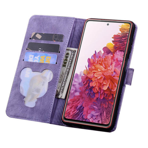 Samsung Galaxy S20 FE 5G / S20 FE Cartoon Sakura Cat Embossed Leather Phone Case(Purple)