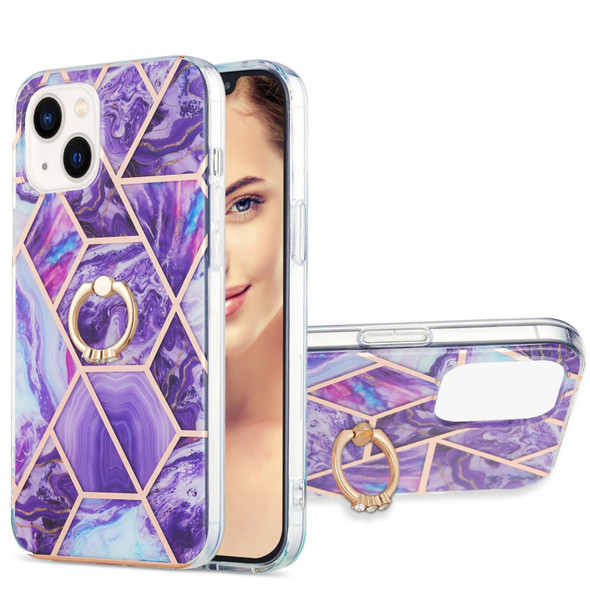 Electroplating Splicing Marble Pattern Dual-side IMD TPU Shockproof Case with Ring Holder - iPhone 14(Dark Purple)