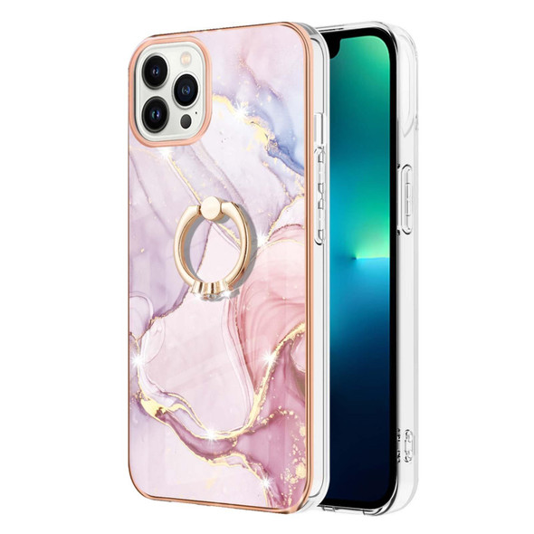 Electroplating Marble Pattern IMD TPU Shockproof Case with Ring Holder - iPhone 14 Pro Max(Rose Gold 005)