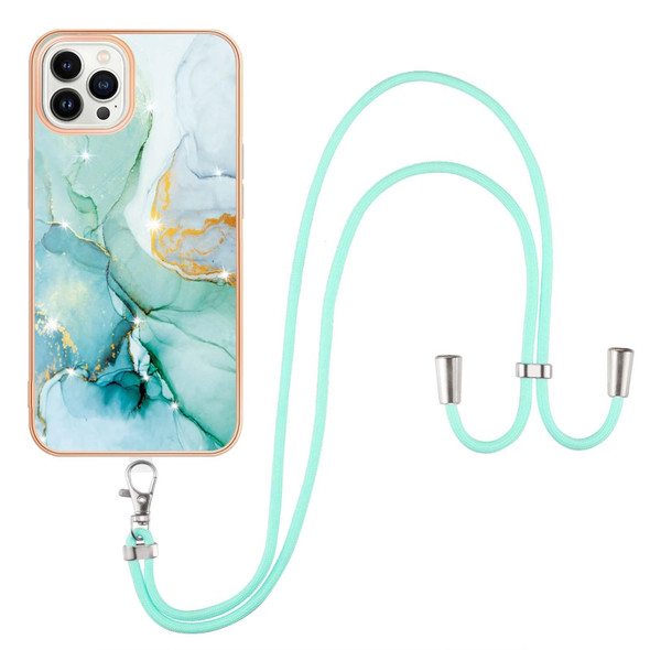 Electroplating Marble Pattern IMD TPU Shockproof Case with Neck Lanyard - iPhone 14 Pro(Green 003)