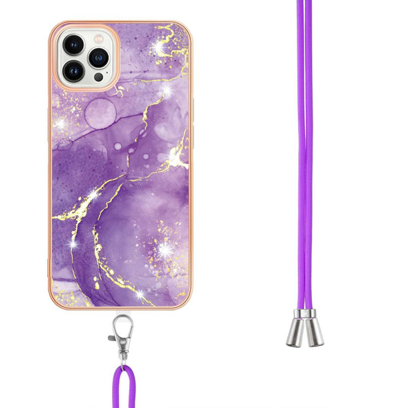 Electroplating Marble Pattern IMD TPU Shockproof Case with Neck Lanyard - iPhone 14 Pro Max(Purple 002)