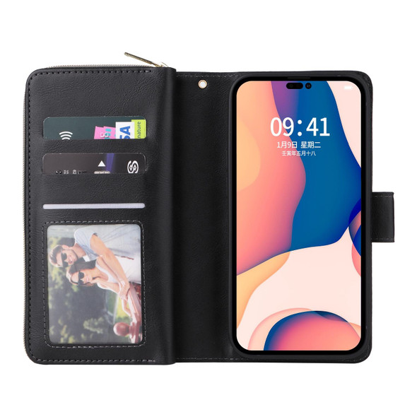 9 Card Slots Zipper Wallet Bag Leatherette Phone Case - iPhone 14 Pro Max(Black)