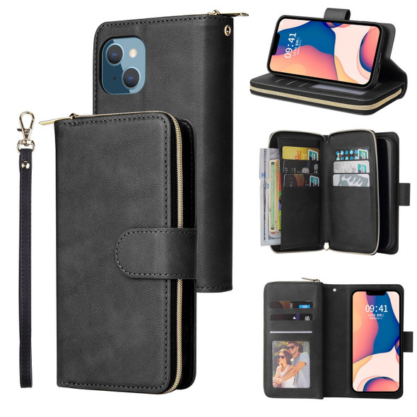 9 Card Slots Zipper Wallet Bag Leatherette Phone Case - iPhone 14 Max(Black)