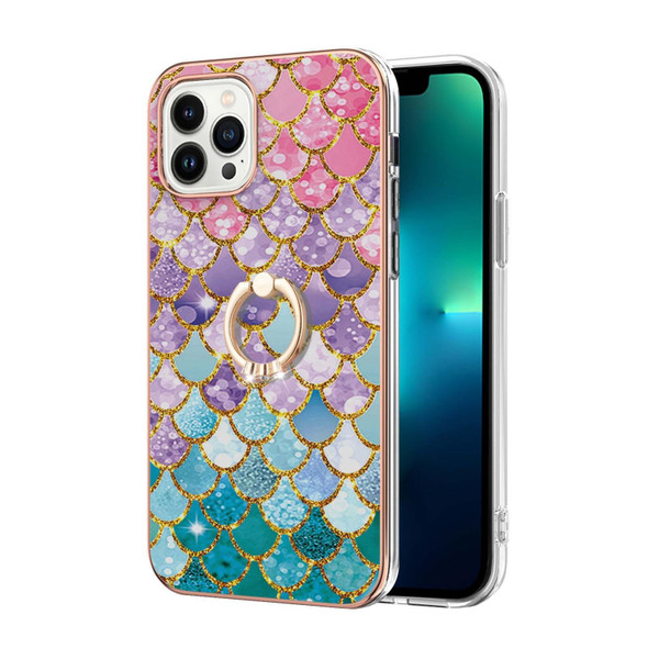 Electroplating Pattern IMD TPU Shockproof Case with Rhinestone Ring Holder - iPhone 14 Pro(Colorful Scales)