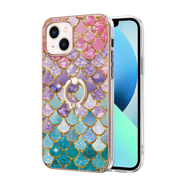 Electroplating Pattern IMD TPU Shockproof Case with Rhinestone Ring Holder - iPhone 14 Max(Colorful Scales)