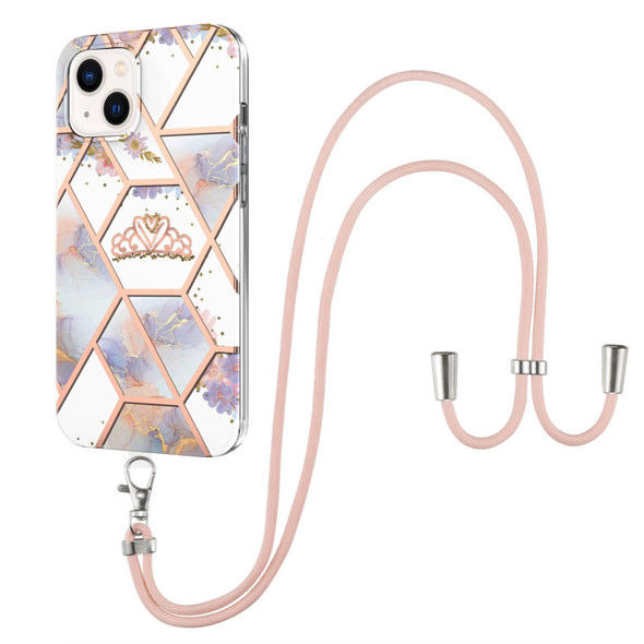 Electroplating Splicing Marble Flower Pattern TPU Shockproof Case with Lanyard - iPhone 14(Imperial Crown)
