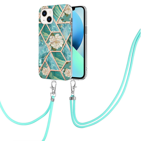 Electroplating Splicing Marble Flower Pattern TPU Shockproof Case with Lanyard - iPhone 14(Blue Flower)