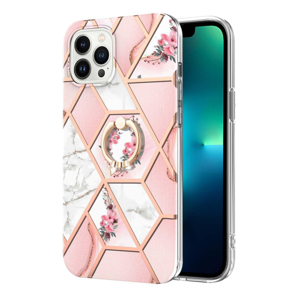 Electroplating Splicing Marble Flower Pattern TPU Shockproof Case with Rhinestone Ring Holder - iPhone 14 Pro(Pink Flower)